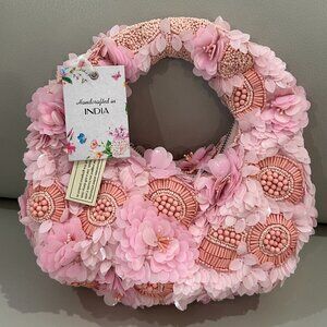 Pink Floral Bag Beaded Sequin Bag Handcrafted in India NWT
